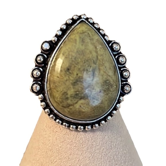 925 SILVER OVERLAY GEMSTONE RING GREEN ATLANTISITE SIZE 7.25 - Picture 1 of 5